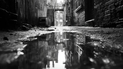 Black and White Urban Alley with Puddles and Reflections at Night