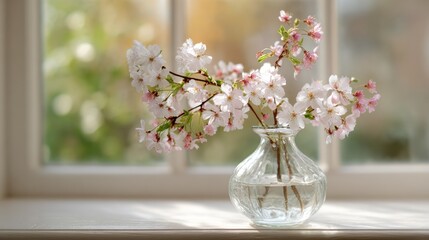 Delicate Cherry Blossom Branches in a Glass Vase by Window Light