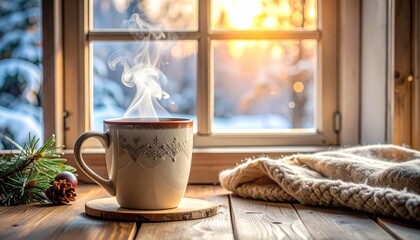 Cozy Winter Scene with Coffee Mug and Warm Blanket by Window in Soft Natural Light
