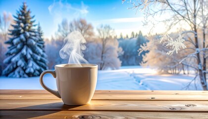 Cozy Winter Scene with Hot Beverage and Snowy Landscape at Dawn with Frosty Trees and Blue Sky