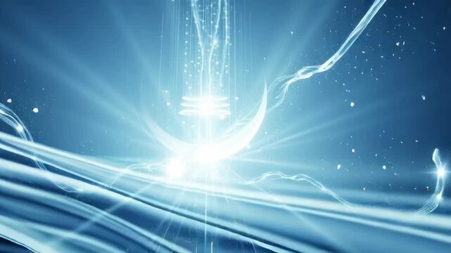 Ethereal digital art of a glowing Shiva Lingam and crescent moon amidst divine blue light rays