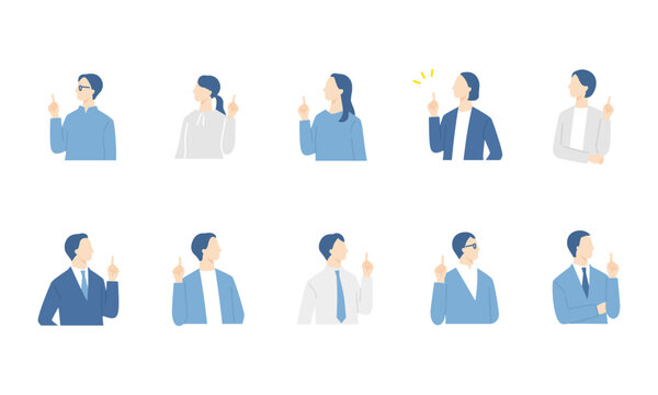 指差しをするビジネスパーソンたちの上半身イラストセット