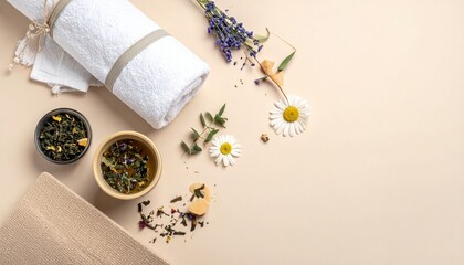 Relaxing Spa Setup with Herbal Tea, Lavender, Flowers, and Soft Towels on Beige Background