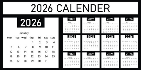 Calendar 2026 template. Monthly calendar layout for 2026 year. Diary planner for 2026 year. eps 10