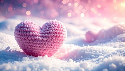 Soft Pink Crochet Heart on a Snowy Background with Bokeh Light Effects and Gentle Colors