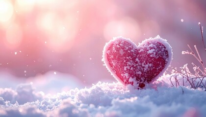 Heart Shaped Object Covered in Snow on a Soft Pink Background for Winter Love Themes