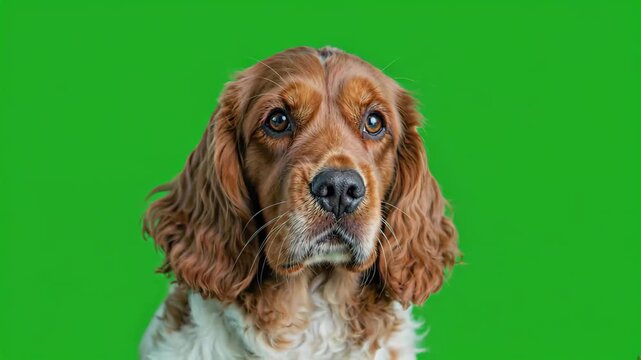 Close-up of a cocker spaniel in front of a green screen