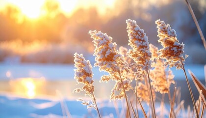 Frosty Reeds Gleaming at Sunrise by Icy Water in a Winter Landscape with Warm Light