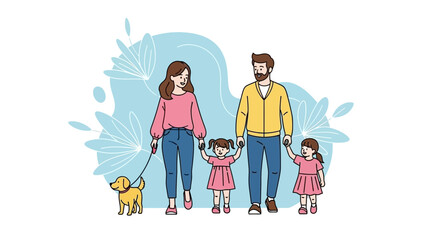 Happy family with dog walking together outdoors.
