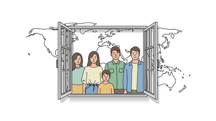 Diverse group of people standing together in a window frame.