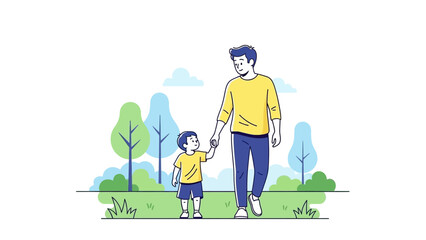 Father and son walking together in a park holding hands.