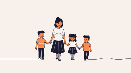 A woman walks hand in hand with three children.