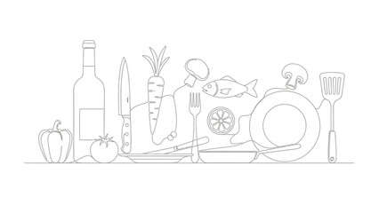 Line Art Illustration of a Culinary Scene with Food and Utensils.
