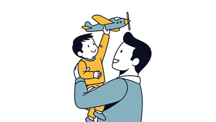Father and son playing with toy airplane illustration.