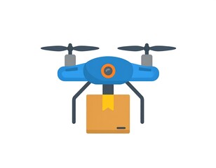 Cartoon illustration of a light-blue quadcopter carrying a rectangular brown package suspended below its frame. Simple white background