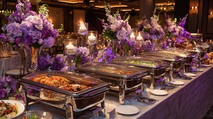 chafing. Lavish wedding buffet featuring silver serving dishes and beautiful floral centerpieces. public awareness campaigns.