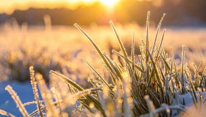 Frosty Grass in Sunrise Glow with Dew Drops Sparkling in a Winter Landscape