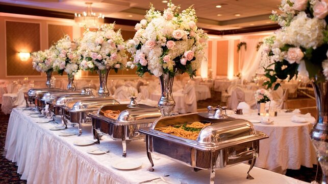 chafing. Lavish wedding buffet featuring silver serving dishes and beautiful floral centerpieces. public awareness campaigns.