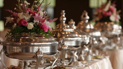 chafing. Lavish wedding buffet featuring silver serving dishes and beautiful floral centerpieces. public awareness campaigns.