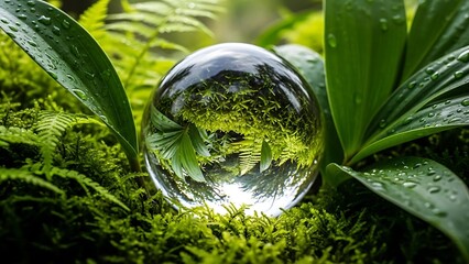Crystal Ball Reflecting Lush Green Forest and Ferns with Water Drops