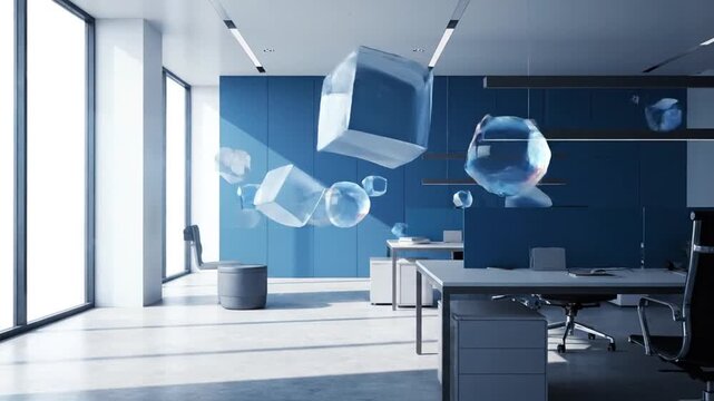 Abstract 3d objects floating in a modern office space