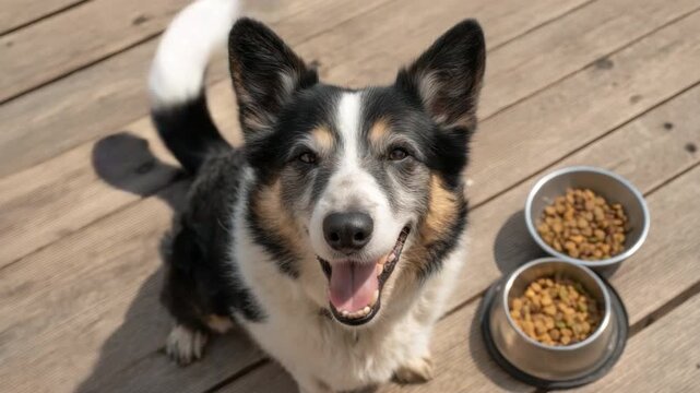 Happy dog sitting on wooden floor beside bowls of dry pet food in bright sunlight 4k video footage