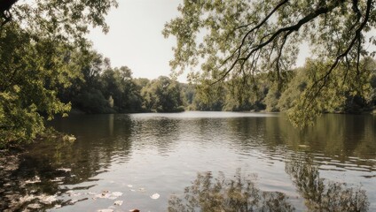 Obraz premium Serene Lake Surrounded by Lush Green Trees on a Sunny Day.