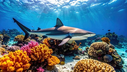 Obraz premium Shark swimming over a vibrant coral reef in clear blue water.