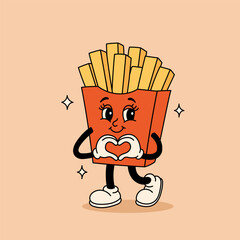 Cute groovy french fries cartoon character making heart gesture, playful retro groovy french fries food mascot illustration for branding, stickers, social media design
