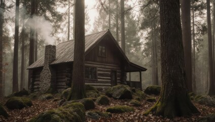 Secluded Log Cabin in Misty Forest with Smoke from Chimney.