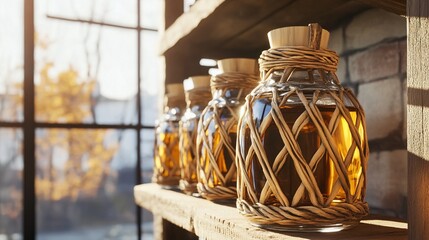 demijohn. Glass demijohn with wicker wrapping on wooden shelf, containing amber liquid in natural light. bar promotions, beverage menus, designed for food & beverage menus and cafe branding.