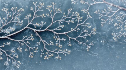 Frosted Branches and Nature Patterns on Ice Surface in Winter Scene