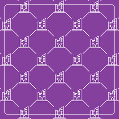 Seamless pattern on a purple background with building icons. Line design for posters, social media, and banner templates.
