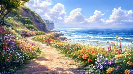 Coastal pathway with lush flora and ocean view under a bright sky