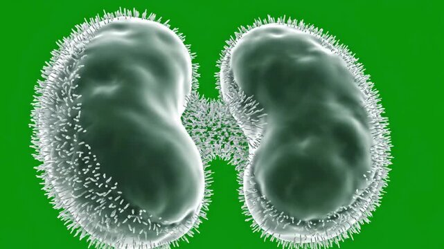 Microscopic view of two kidney-shaped cells with cilia on a green background.