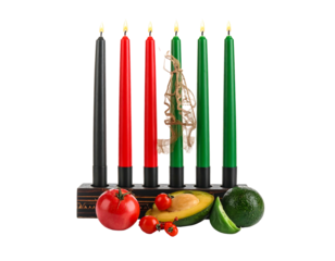 A close-up showcases a candleholder holding lit candles in black, red, and green. Fruits like tomatoes, avocado, and lime are placed in front