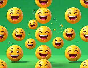 Animated yellow laughing faces with tears, floating on green background