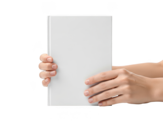 Hand holding blank white book isolated on transparent background
