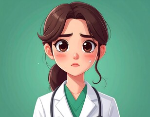 Cartoon illustration of a worried woman doctor with brown hair tied back, wearing a white lab coat