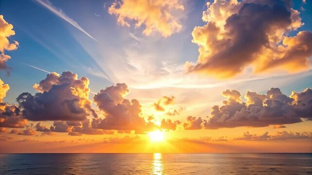 Dramatic Sunset Over Ocean with Illuminated Clouds and Golden Sunlight Reflected on Water Surface