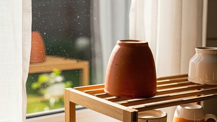 Cozy home interior by window, natural light, simple design, inviting atmosphere