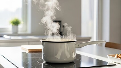 Boiling pot on kitchen stove, steam rising, food preparation, home cooking vibes