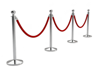 Silver stanchions with red ropes isolated on transparent background