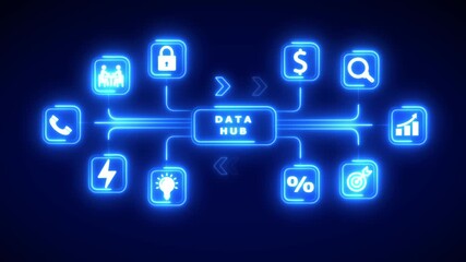 Digital network diagram with data hub in the center and icons for business finance and technology on a dark blue background Keywords: data hub, digital network, technology, business, finance, data - Powered by Adobe