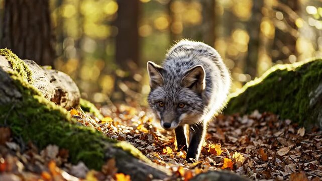 Gray Fox Walking Through Autumn Forest.