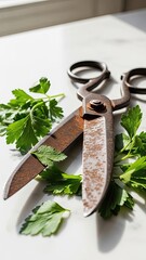 Rusty scissors with fresh parsley, contrast of old and new, home cooking