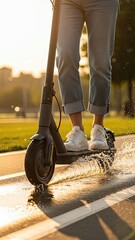Escooter in puddle, sunset, urban mobility, eco transport, active lifestyle