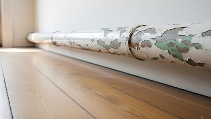 Old pipe, peeling paint, worn texture, showing decay, needs repair or replacement
