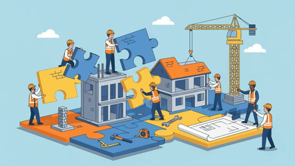 Construction workers assembling puzzle pieces to build modern homes