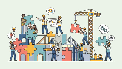 Teamwork and collaboration in modern construction project with puzzle pieces
